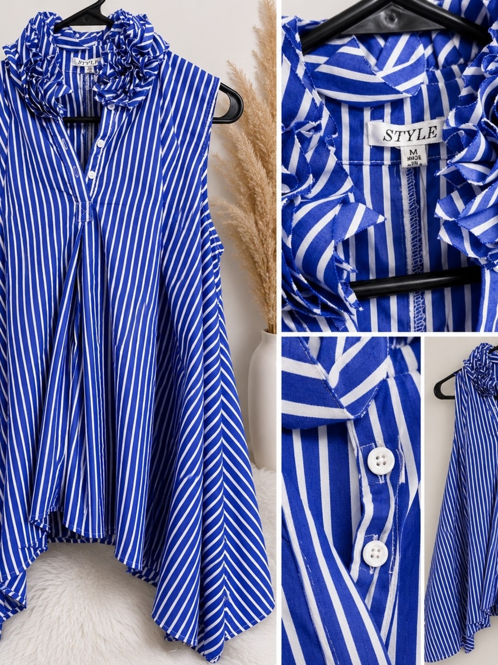 Blue & White Striped Ruffle Sleeveless Blouse | Women's Size M | Chic Flowy Top